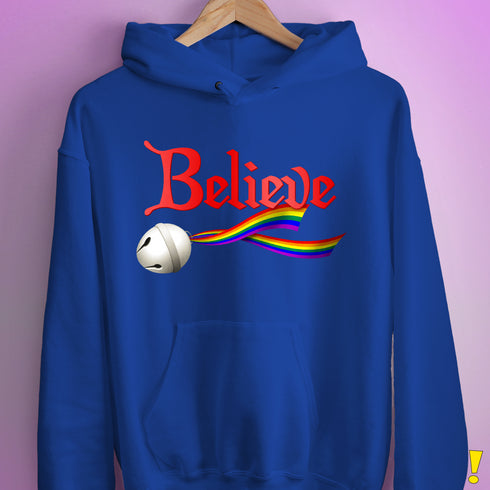 Believe LGBTQ Rainbow Pride Jingle Bell Hoodie - Royal Blue